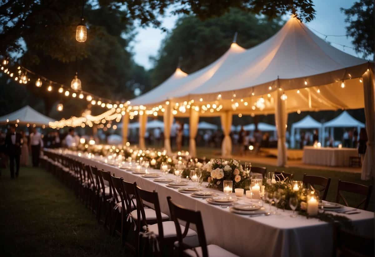 The wedding tent is softly illuminated by string lights and lanterns, creating a warm and romantic ambiance