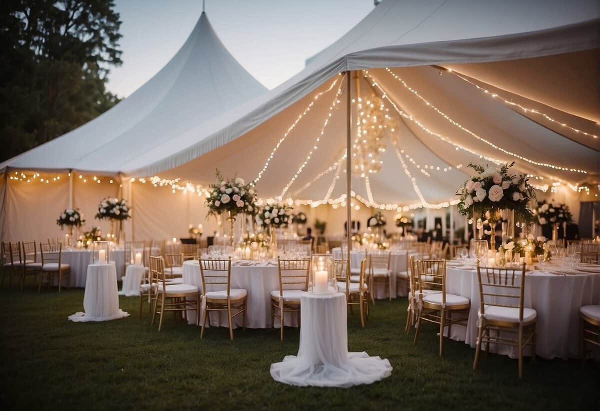 A white wedding tent stands elegantly adorned with soft, warm lighting, creating a romantic and inviting atmosphere for a wedding celebration