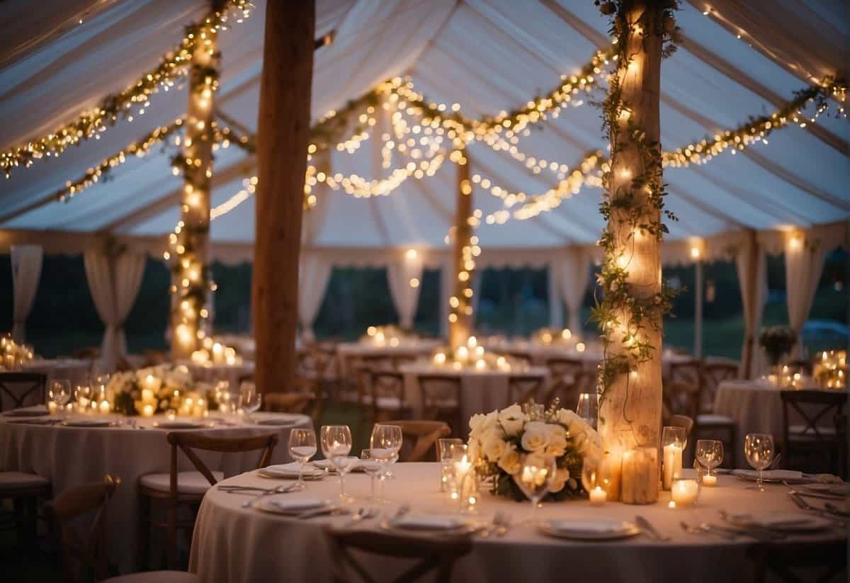 Soft, warm lights cascade from the ceiling of a wedding tent, creating a romantic and intimate atmosphere. Subtle uplighting accents the elegant drapery, while delicate fairy lights twinkle overhead