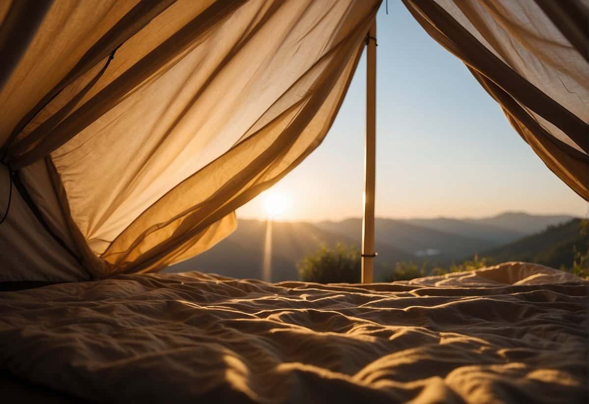 Morning: Soft sunlight filters through sheer curtains, casting a warm glow on the tent. Afternoon: Bright, natural light floods the space, creating a cheerful atmosphere. Evening: Warm, ambient lighting illuminates the tent, creating a romantic and intimate setting
