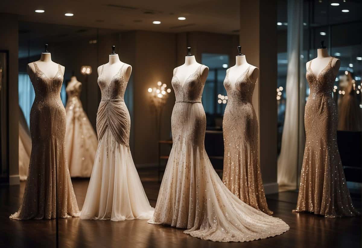 A bride standing in front of a row of glamorous wedding dresses, each adorned with sparkling sequins and luxurious fabrics. The dresses are displayed in a chic boutique with soft lighting and elegant decor