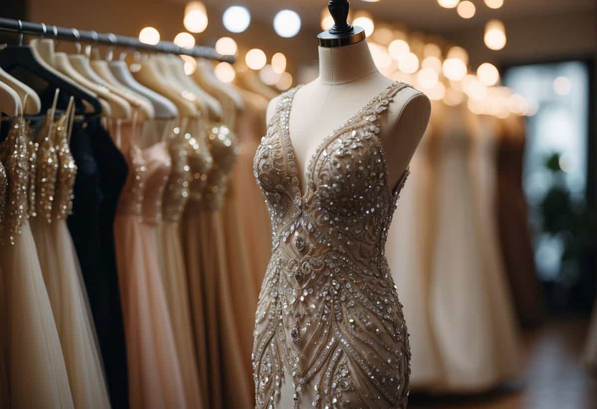 A sparkling sequin-embellished wedding gown hangs on a mannequin, surrounded by glittering statement jewelry and elegant hair accessories