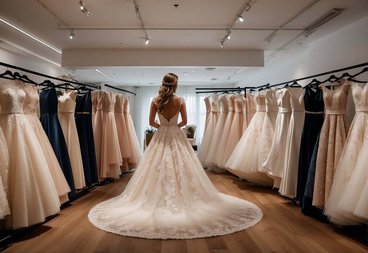 A bride-to-be carefully examines various bridal gown silhouettes on display, surrounded by racks of elegant dresses in a chic bridal boutique