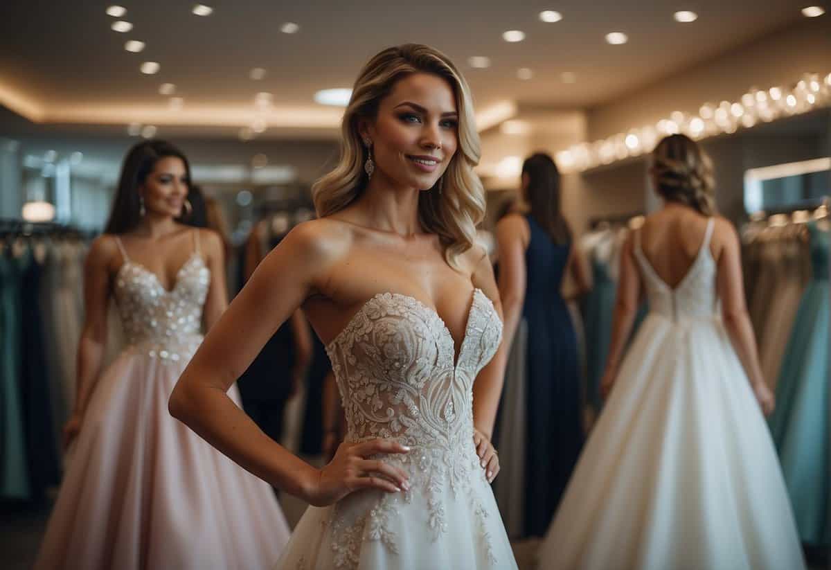 A bride-to-be tries on various wedding dresses in a chic Vegas boutique, surrounded by racks of glamorous gowns and a helpful stylist offering advice