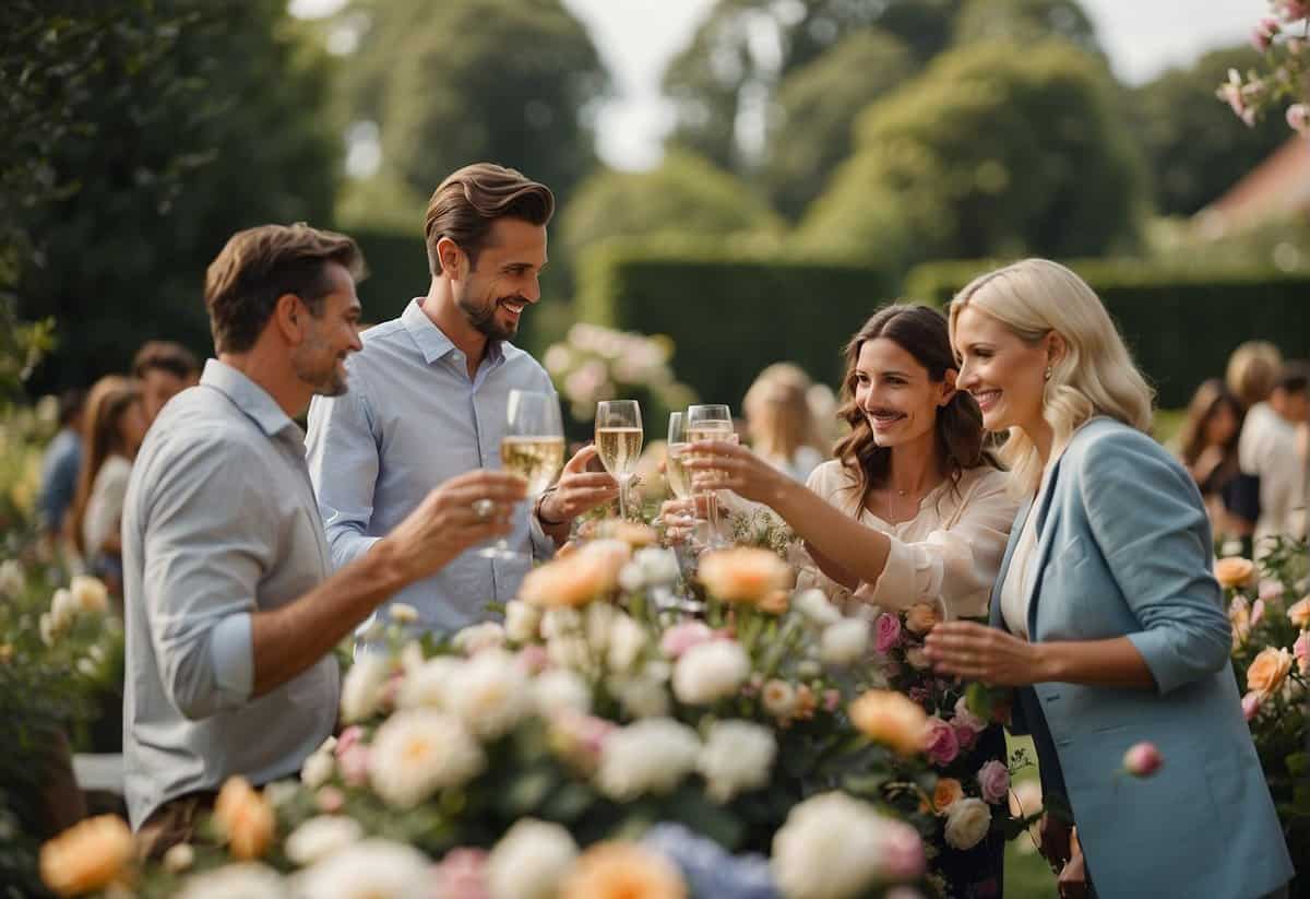 Guests searching for hidden items like rings, bouquets, and champagne flutes in a garden filled with flowers and decorations