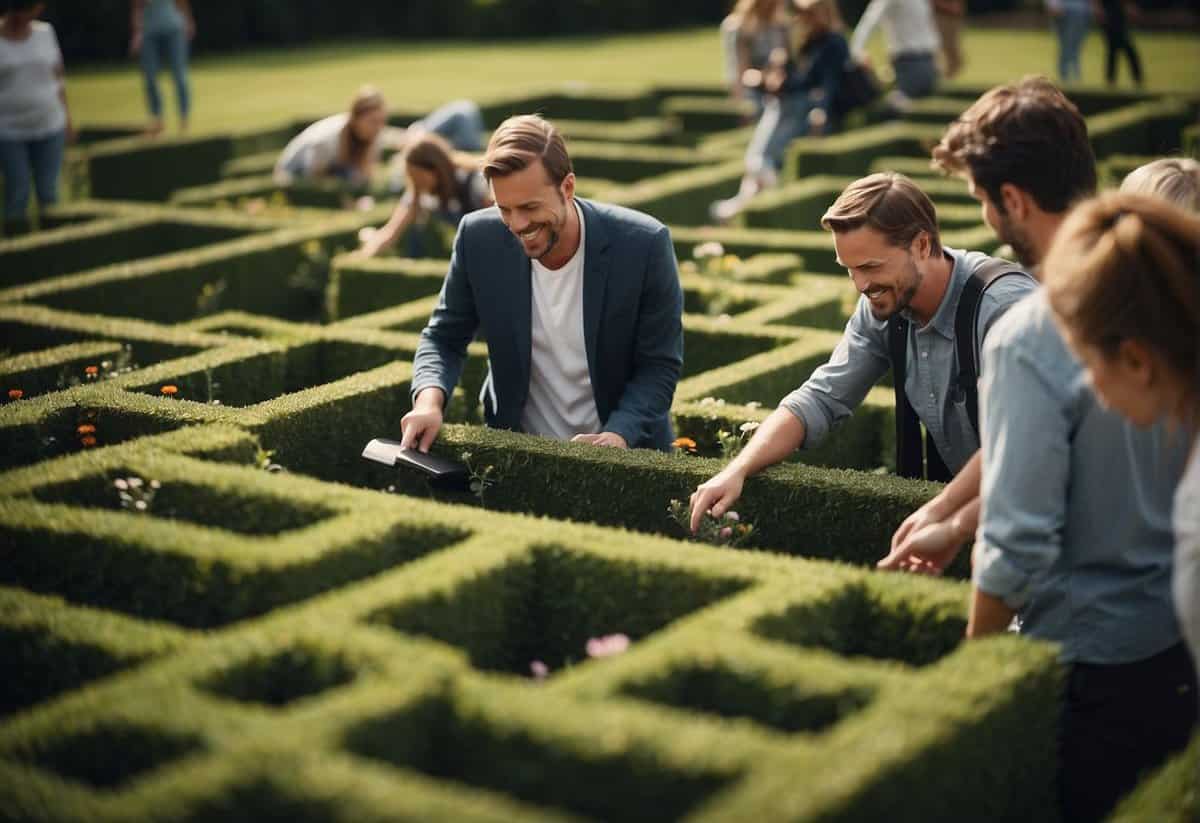 Guests searching for hidden clues in a garden maze, excitedly working together to solve riddles and find hidden treasures