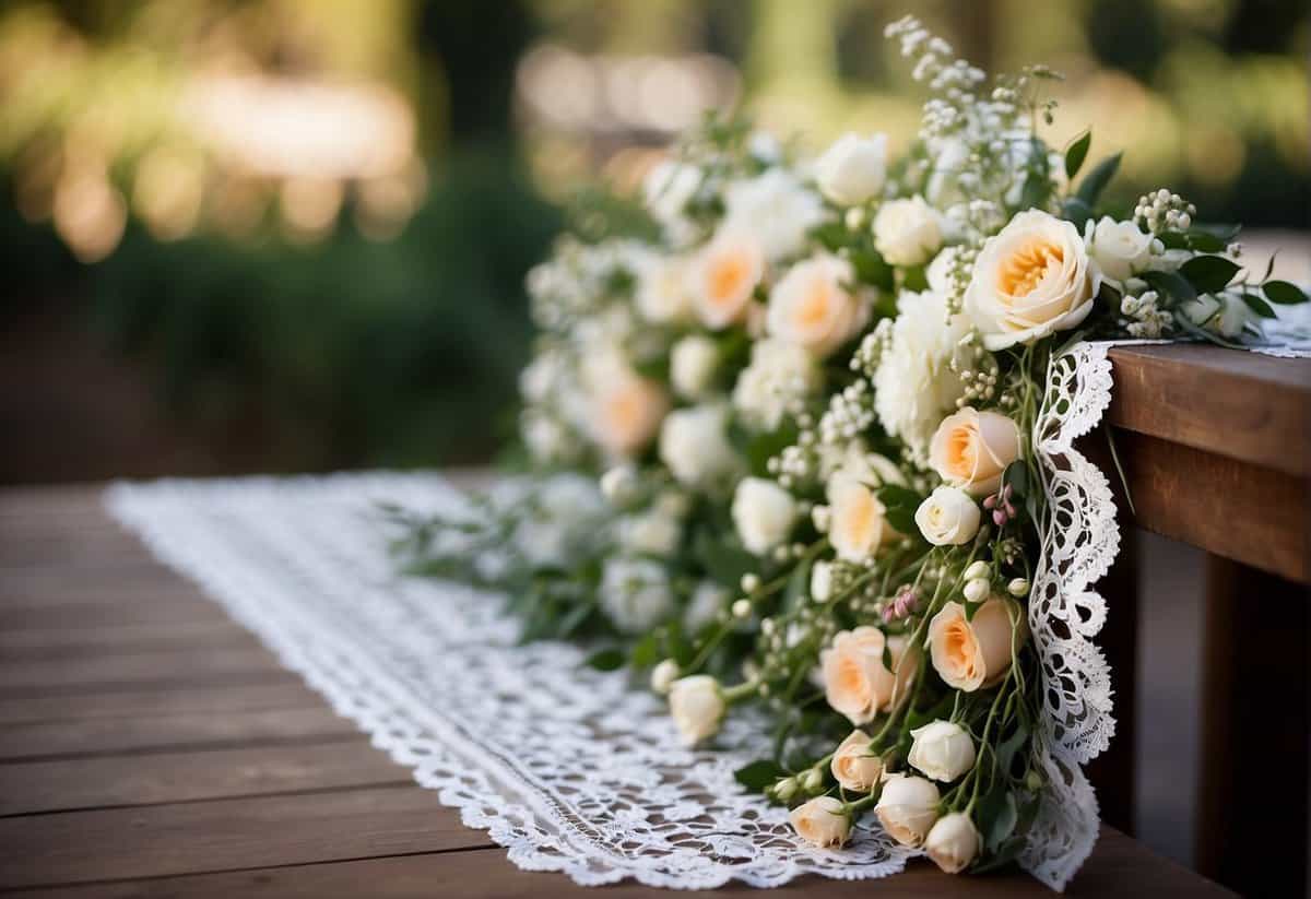 A long, elegant table runner adorned with delicate lace and fresh flowers cascading down the sides, creating a romantic and whimsical atmosphere