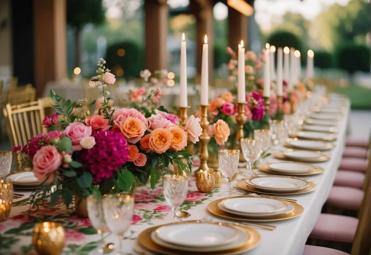 A long table with a vibrant, floral-themed runner in shades of pink, green, and gold, complemented by coordinating place settings and centerpieces