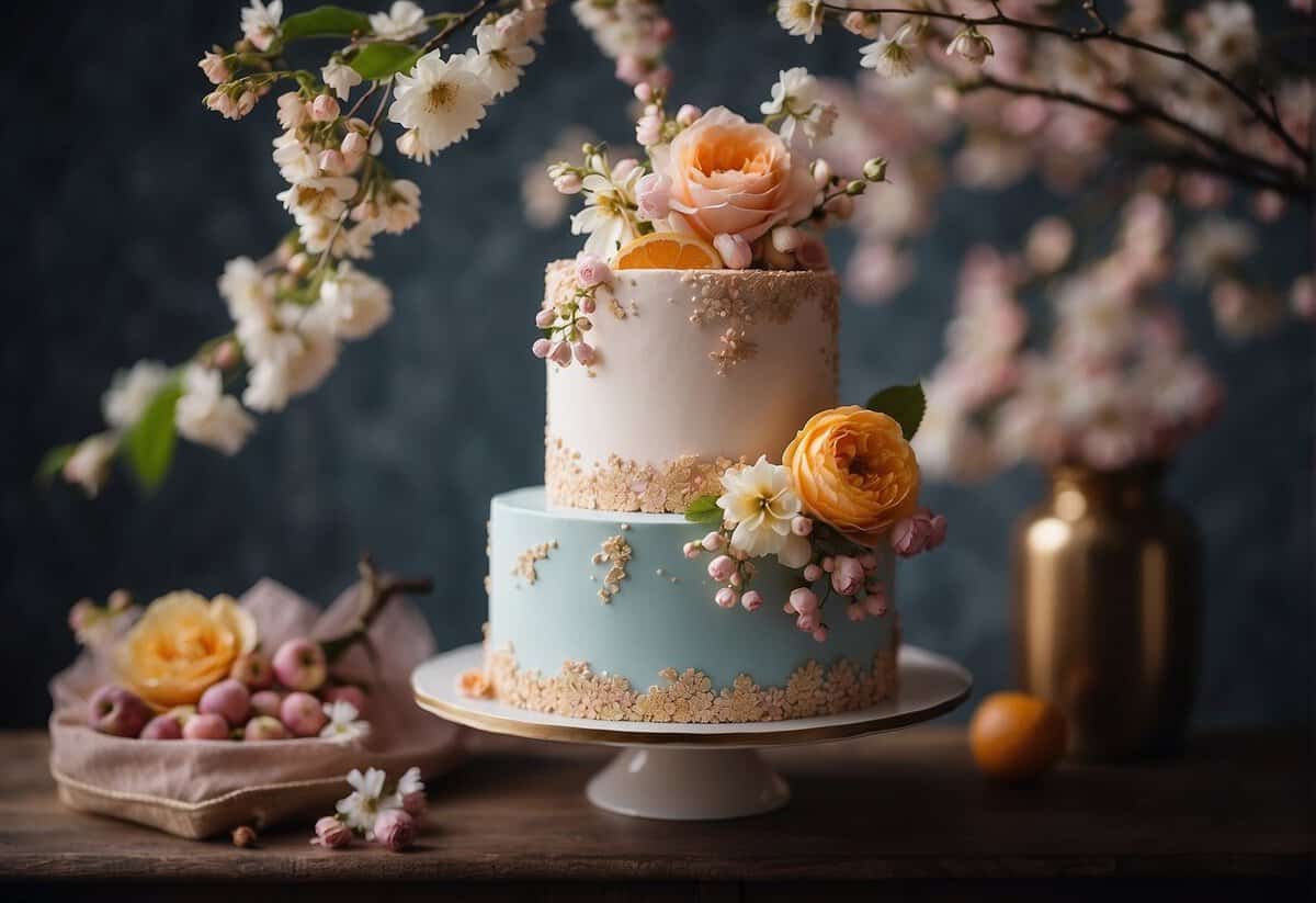 A pastel-colored wedding cake adorned with fresh flowers and fruits, set against a backdrop of blooming cherry blossoms and dainty butterflies