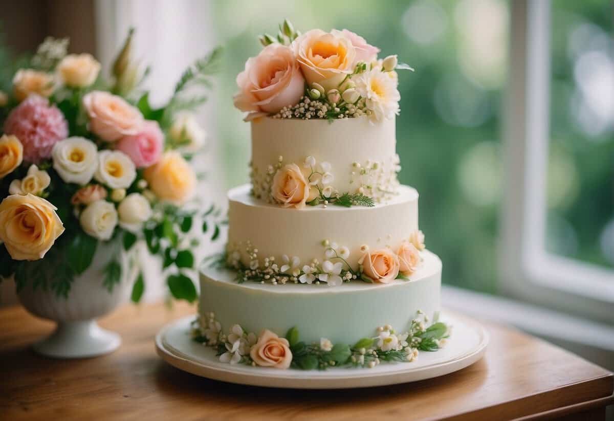 A tiered wedding cake adorned with vibrant spring flowers and delicate greenery, set against a backdrop of soft pastel colors and natural light