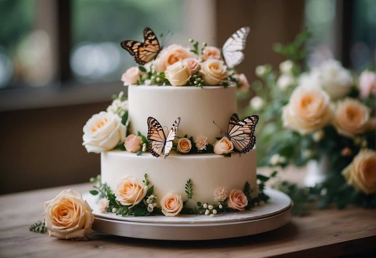 A three-tiered wedding cake adorned with pastel-colored flowers, delicate greenery, and whimsical butterfly accents, evoking the essence of spring
