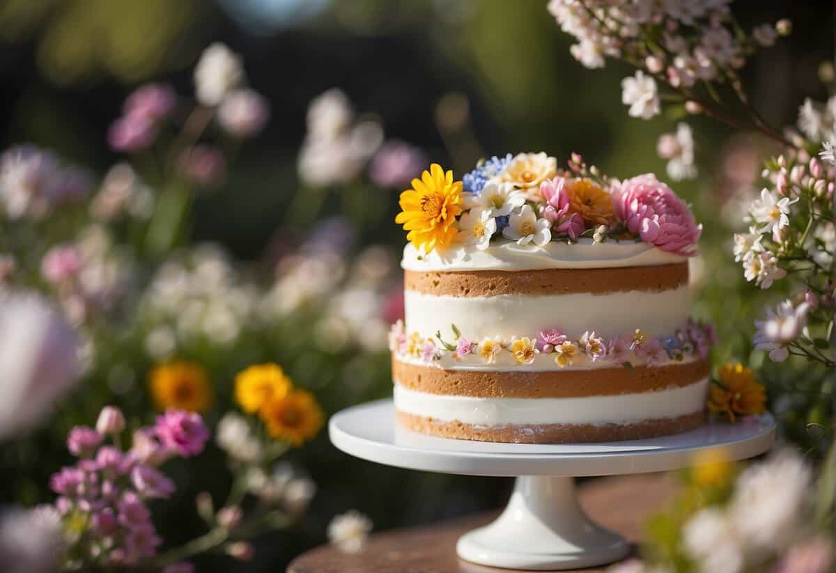 A vibrant garden with blooming flowers and a sunny sky, showcasing a beautiful wedding cake adorned with colorful spring blossoms and delicate details