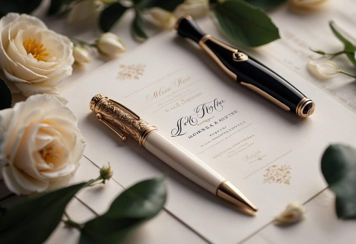 A calligraphy pen writes elegant wedding invitation wording on a white parchment surrounded by floral motifs