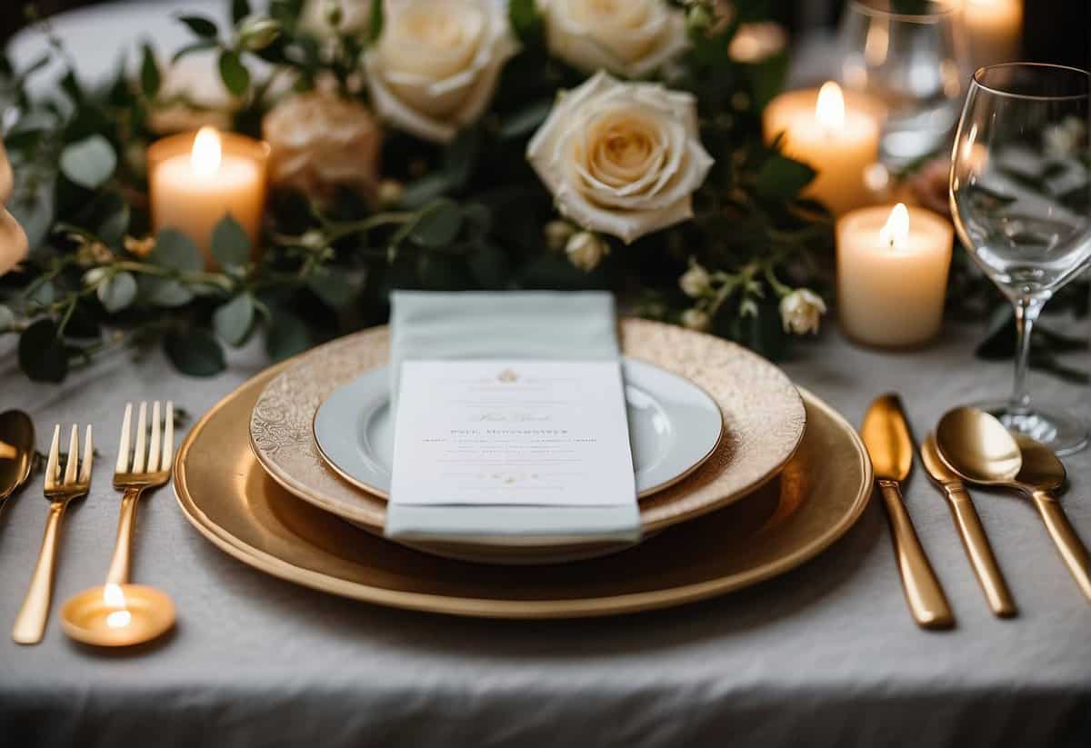 A table set with elegant place settings, surrounded by blooming floral centerpieces and soft candlelight, with a beautifully designed wedding invitation displayed prominently
