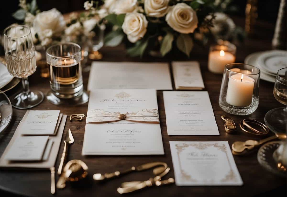 A table with elegant calligraphy tools, surrounded by various wedding invitation wording ideas pinned to a mood board