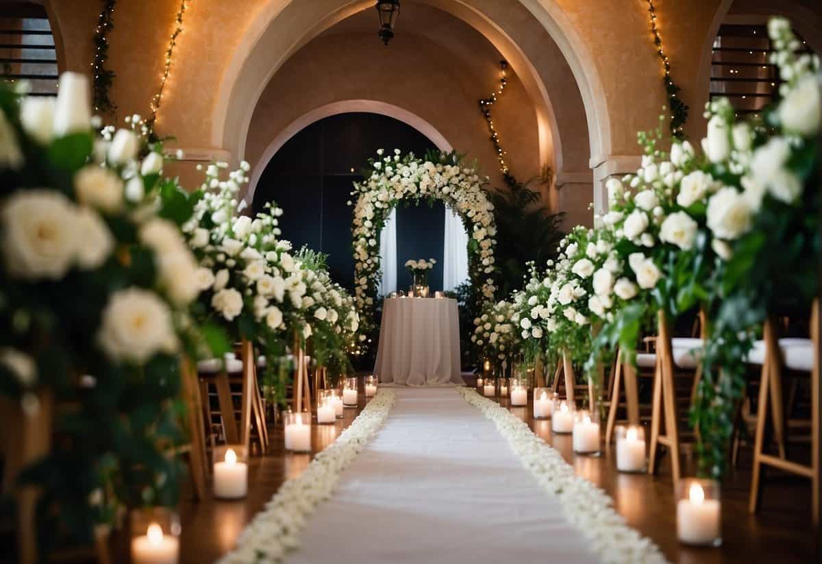 A white floral-patterned aisle runner leads to an arch adorned with cascading greenery and white flowers, set against a backdrop of lush greenery and twinkling string lights