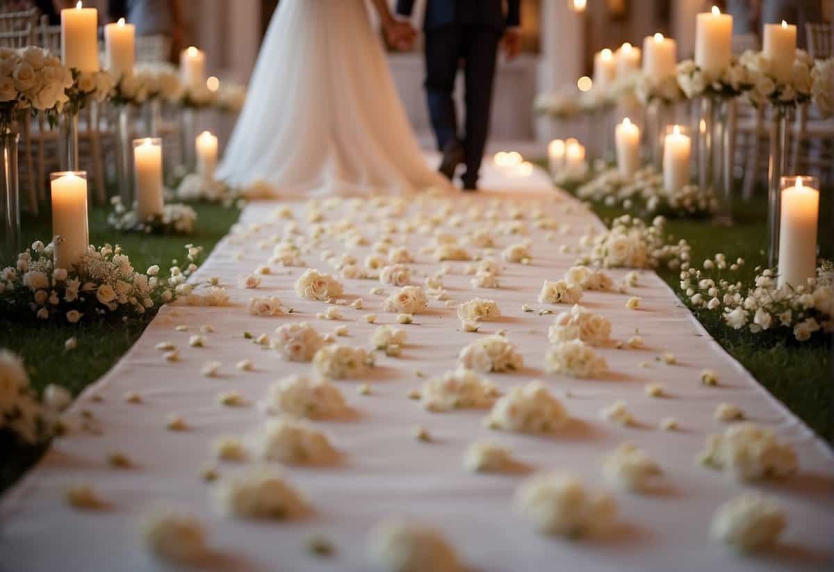 A bride and groom stand at the end of a long, elegant aisle runner made of white silk, bordered with delicate lace and adorned with fresh flower petals