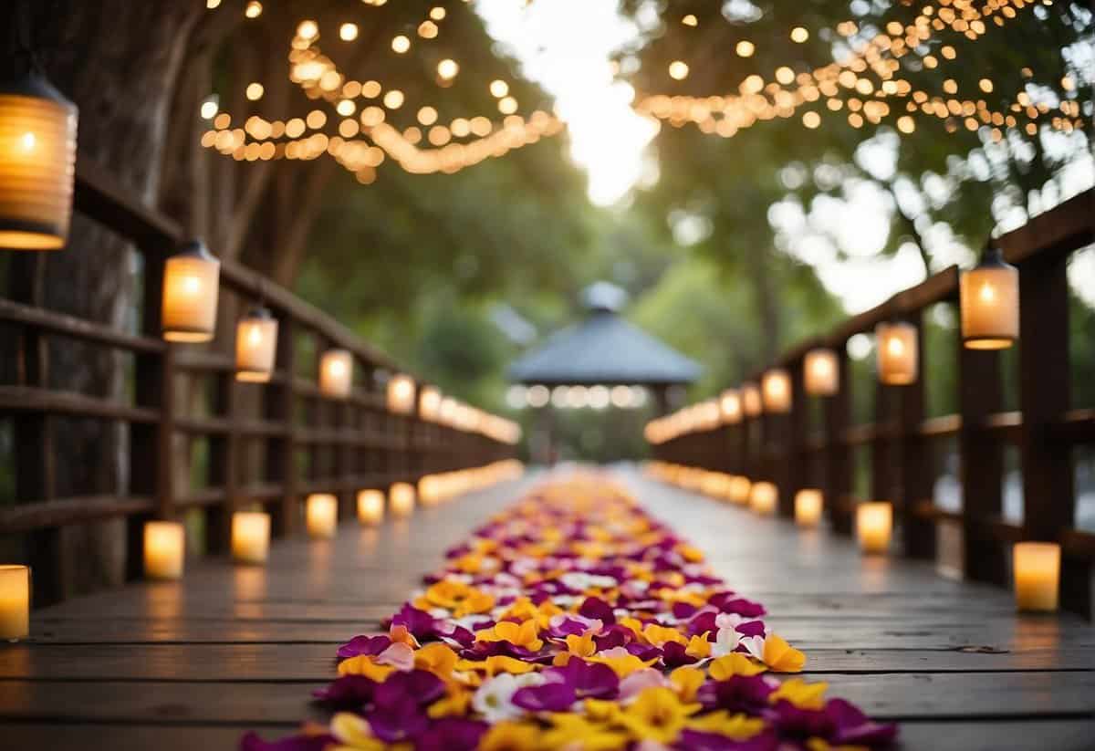 Vibrant flower petals scattered along a rustic wooden aisle runner, with string lights and lanterns hanging from the surrounding trees