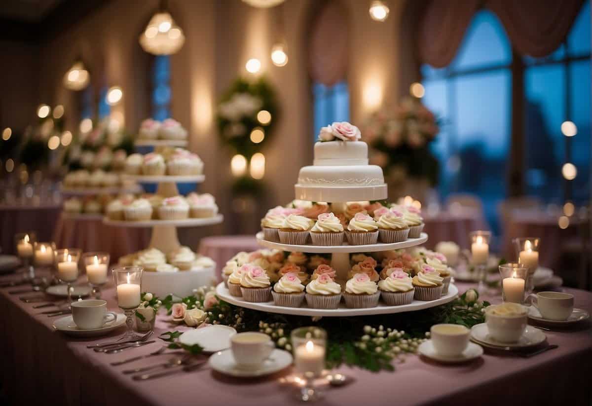 A table adorned with tiered stands of beautifully decorated wedding cupcakes, surrounded by floral arrangements and twinkling lights