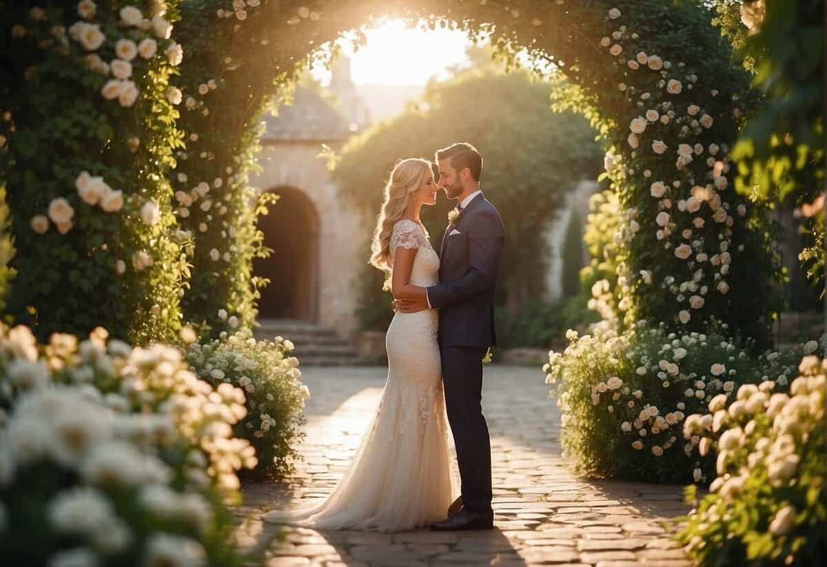 A couple stands in a lush garden, surrounded by blooming flowers and elegant archways. The sun shines down, casting a warm glow on the perfect venue for their wedding