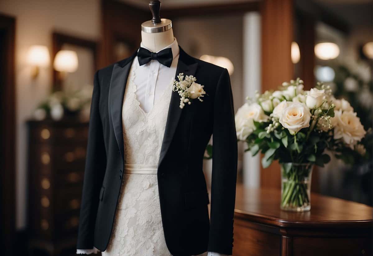 A white lace gown hangs on a vintage dress form, paired with a sleek black suit and bowtie on a mannequin. Bouquets of flowers and elegant accessories complete the wedding ensemble