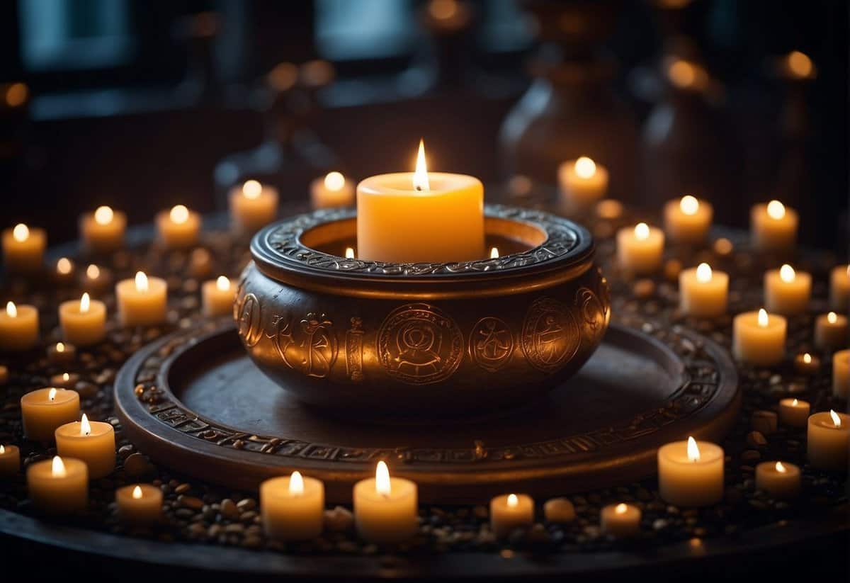A circle of candles surrounds an altar adorned with mystical symbols. Robed figures chant incantations as a cauldron bubbles with otherworldly energy