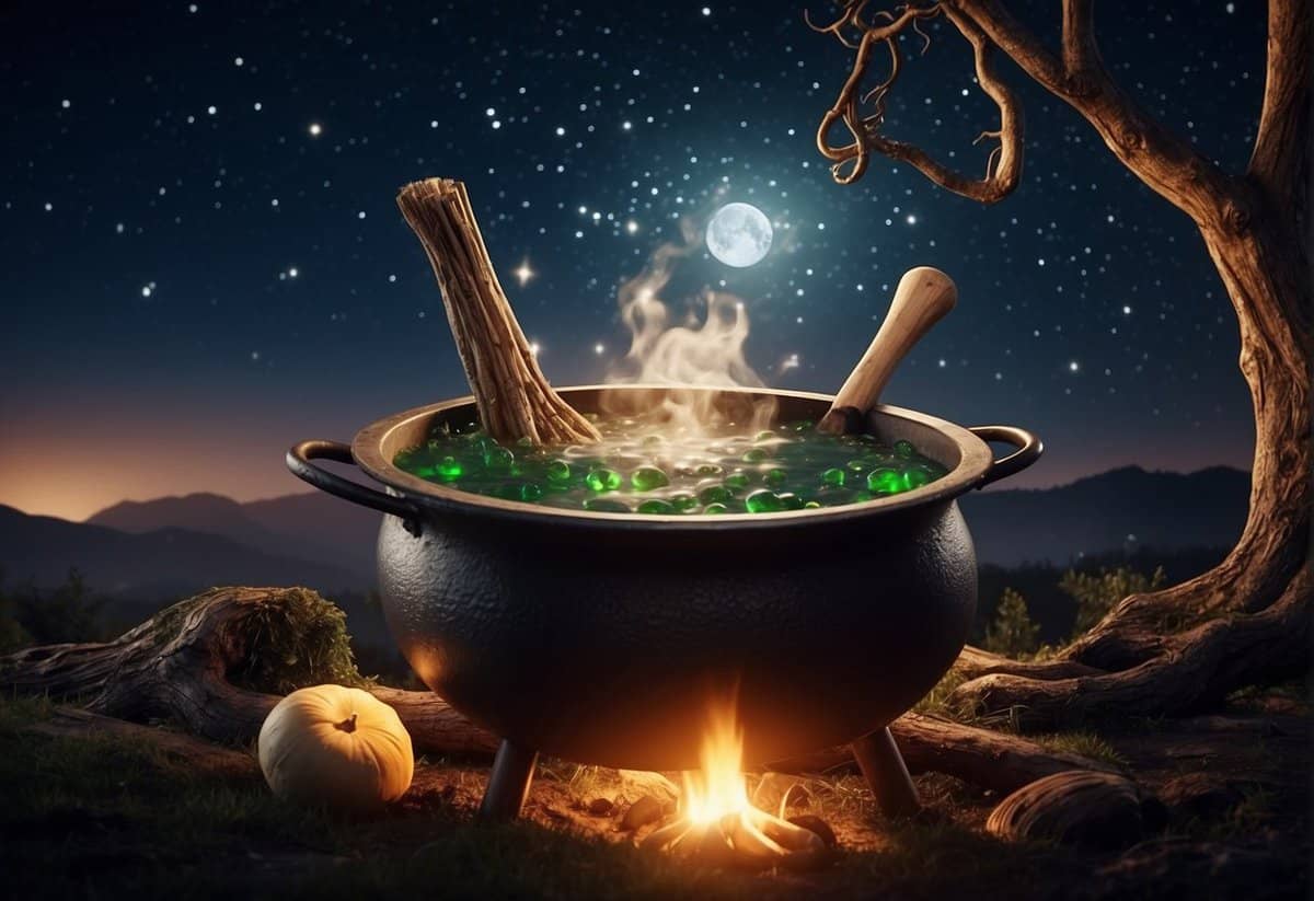 A cauldron bubbling with potion, broomsticks leaning against a gnarled tree, and a moonlit sky with stars twinkling above