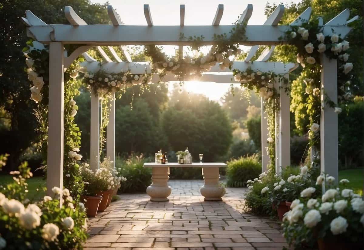 A white pergola with cascading floral arrangements and soft fairy lights, set against a backdrop of lush greenery and a serene, sunlit garden