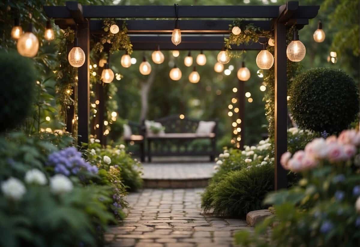 A lush garden setting with a beautifully decorated pergola, adorned with flowers and twinkling lights, creating a romantic and enchanting atmosphere