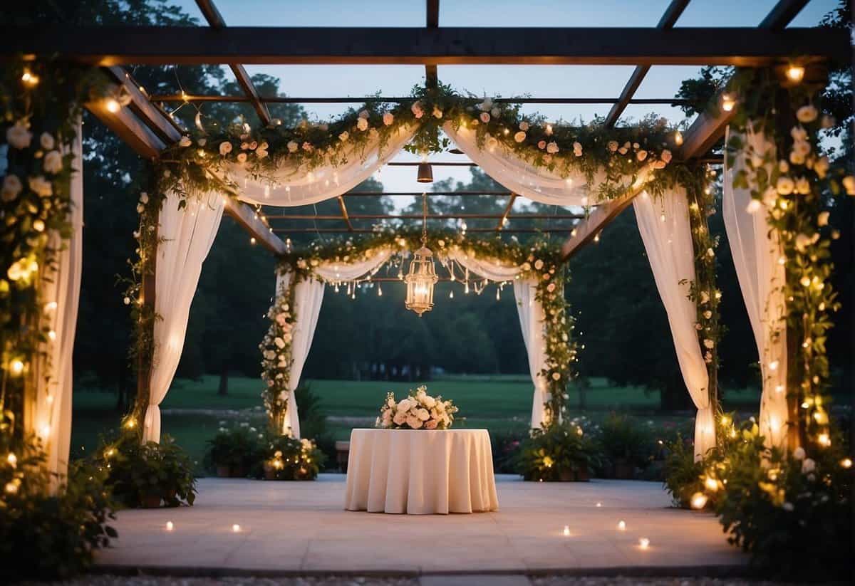 A white wedding pergola adorned with delicate flowers and draped with flowing fabric, surrounded by twinkling fairy lights and lush greenery