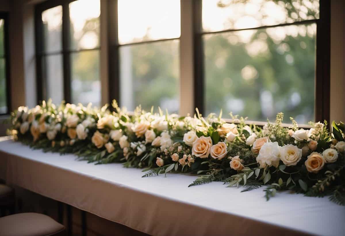A table adorned with various wedding wreath styles, featuring flowers, greenery, and ribbons. Light filters in through a nearby window, casting a soft glow on the display