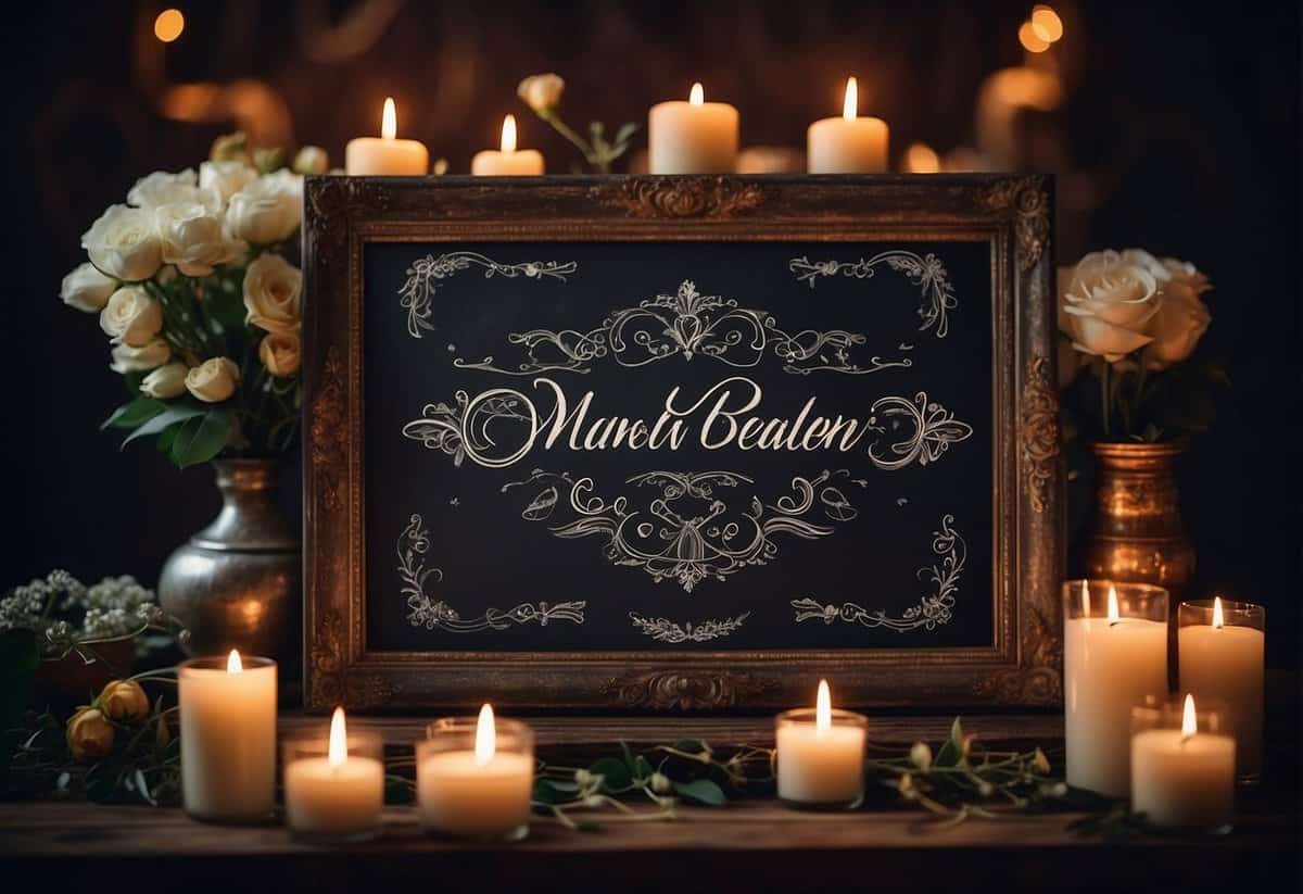A chalkboard with elegant calligraphy, adorned with floral designs and wedding-related phrases, surrounded by romantic candles and delicate lace
