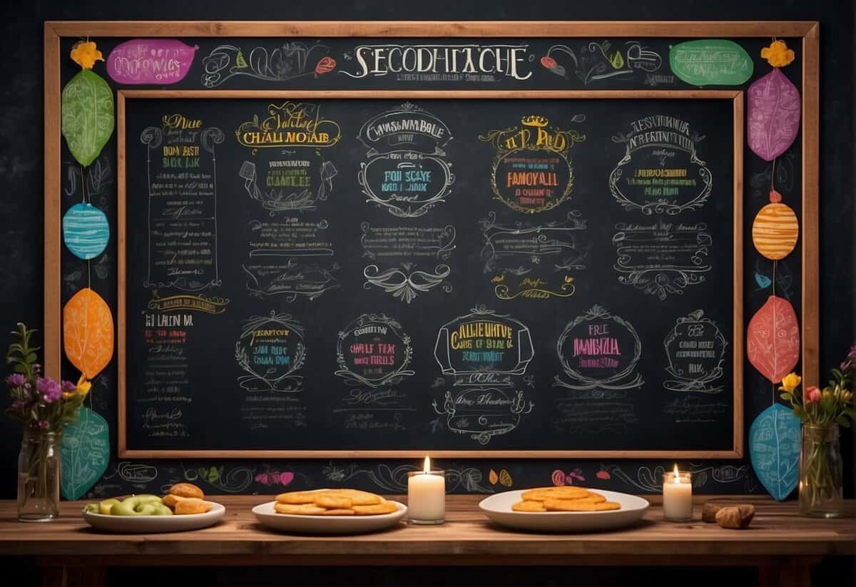 Colorful chalkboard with interactive elements, like a seating chart, guestbook, and photo booth instructions. Decorated with elegant calligraphy and vibrant illustrations
