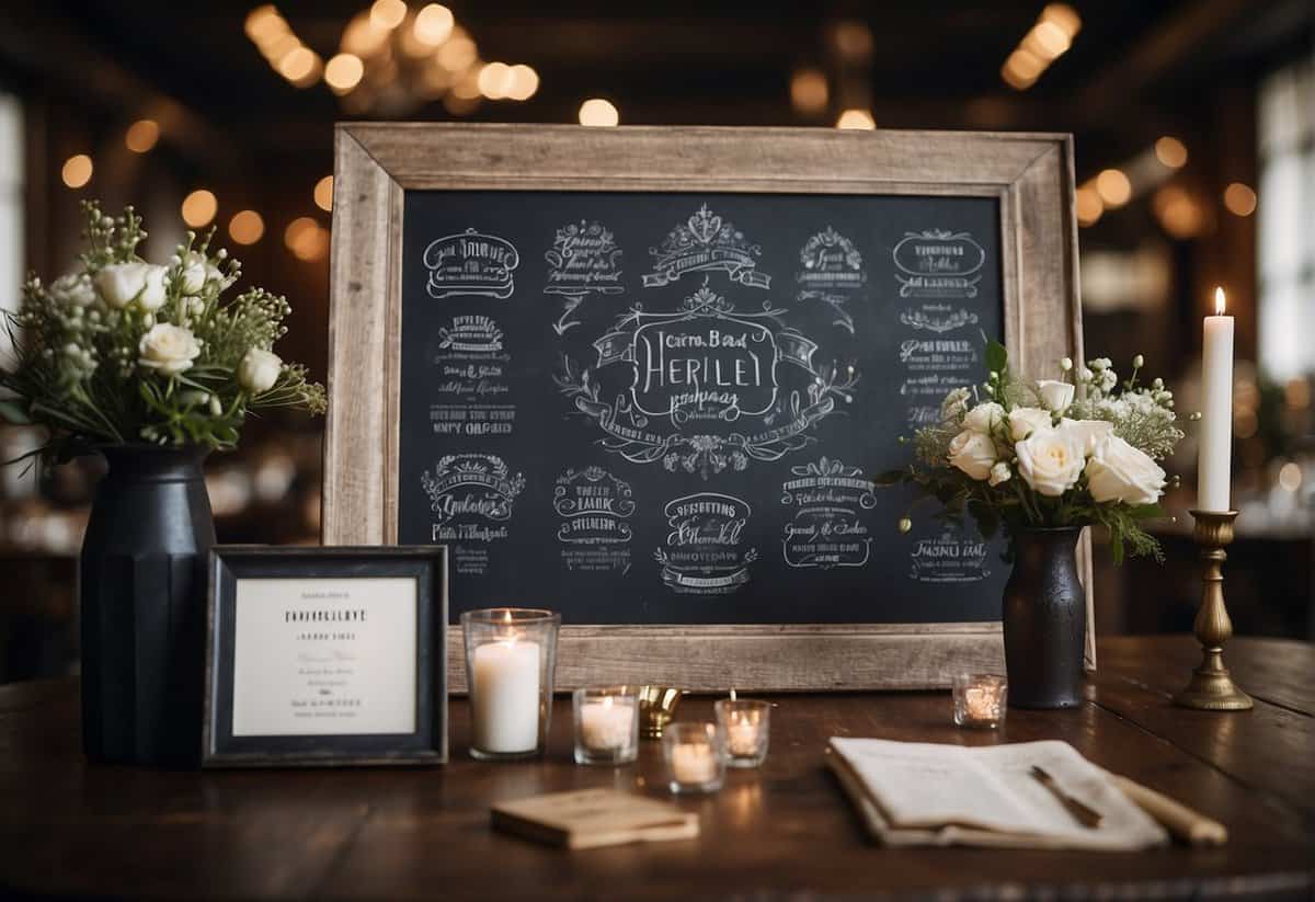 A chalkboard with personalized wedding details and decorative keepsakes