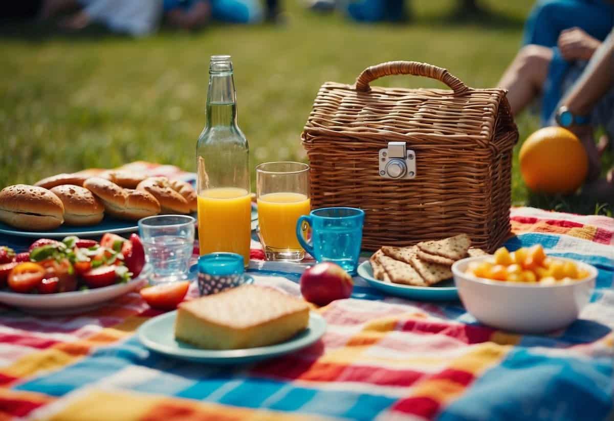 A colorful picnic blanket laid out with games, music, and food. A joyful atmosphere with laughter and dancing under a bright blue sky