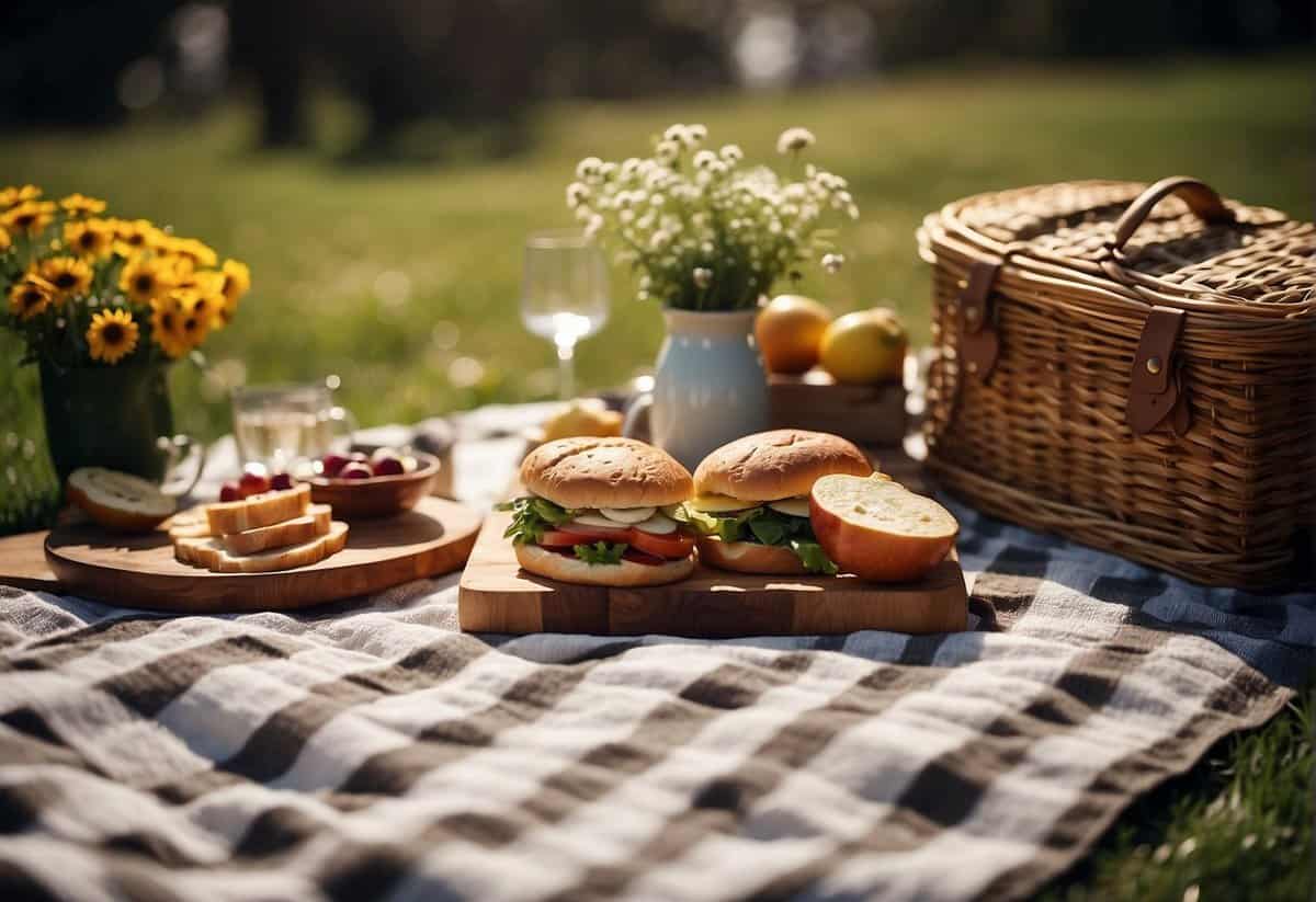 A sunny outdoor setting with a picturesque picnic spread on a checkered blanket, surrounded by blooming wildflowers and twinkling string lights