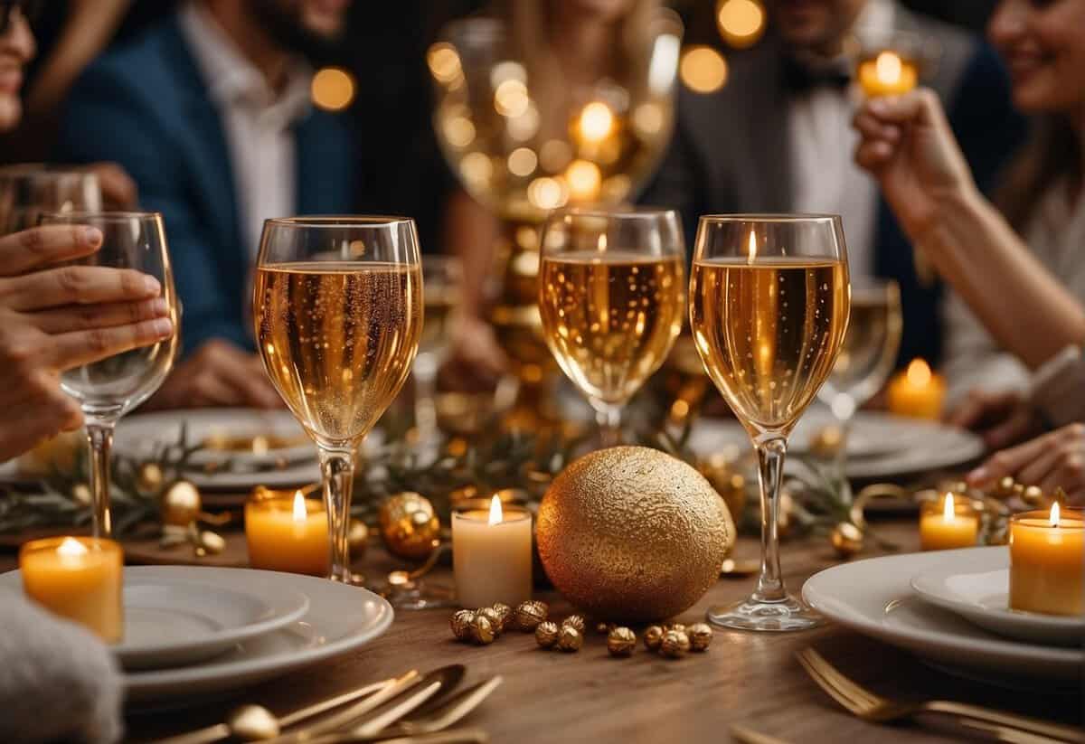 A table set with golden decorations, surrounded by happy family members raising a toast to the couple