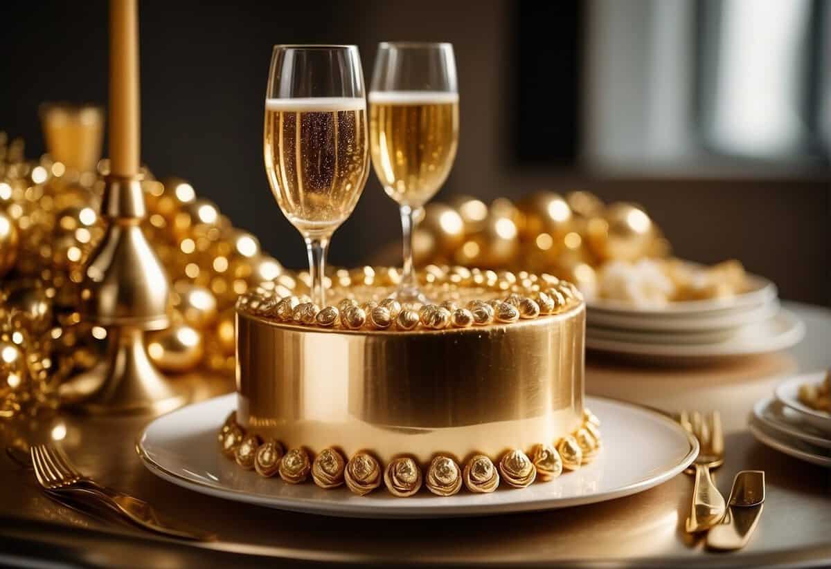 A table adorned with golden decorations and a shimmering centerpiece. Champagne flutes and a tiered cake with golden accents. A banner reading "Golden Celebration" hangs in the background