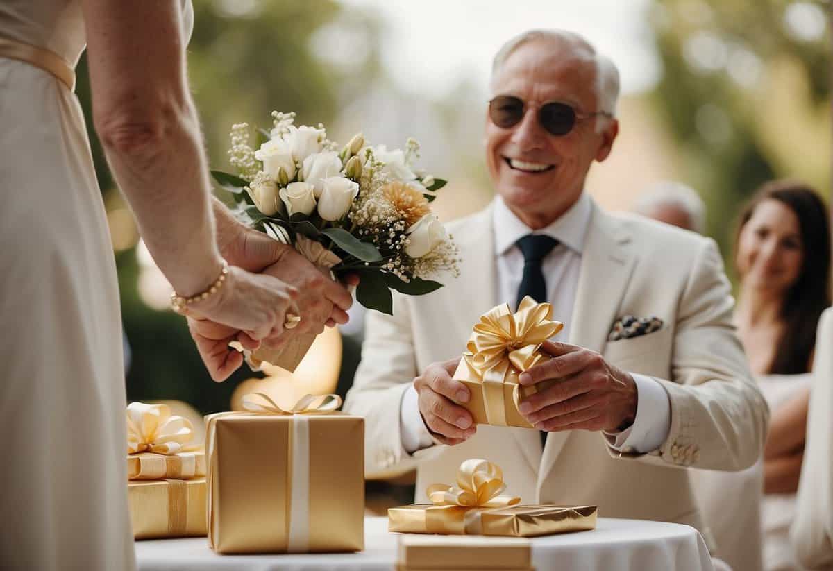 A couple exchanging gifts at a golden wedding anniversary celebration. Tables adorned with elegant decorations and wrapped presents