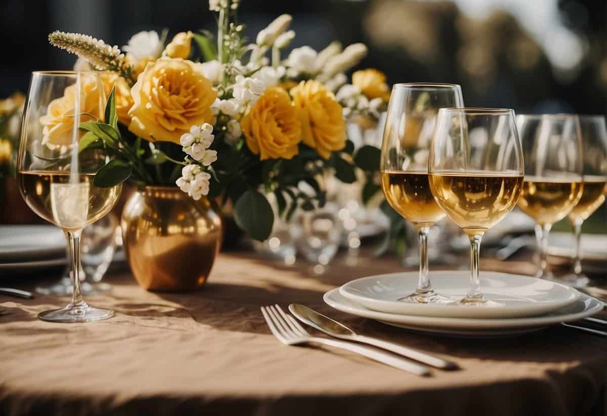 A beautifully set table with golden accents and a bouquet of flowers, surrounded by smiling guests raising their glasses in celebration
