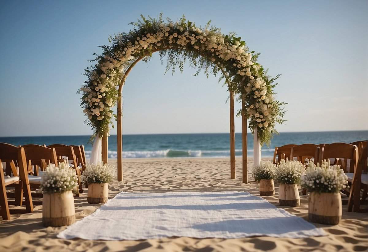 A simple wooden arch adorned with white fabric stands on a sandy beach. Lanterns and wildflowers line the aisle. A small table holds a rustic guest book and a jar of sand for a unity ceremony