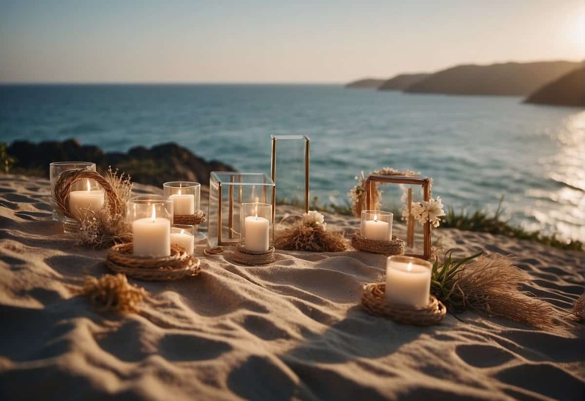 A secluded beach with a picturesque view of the ocean, adorned with simple but elegant decorations for a budget-friendly wedding ceremony