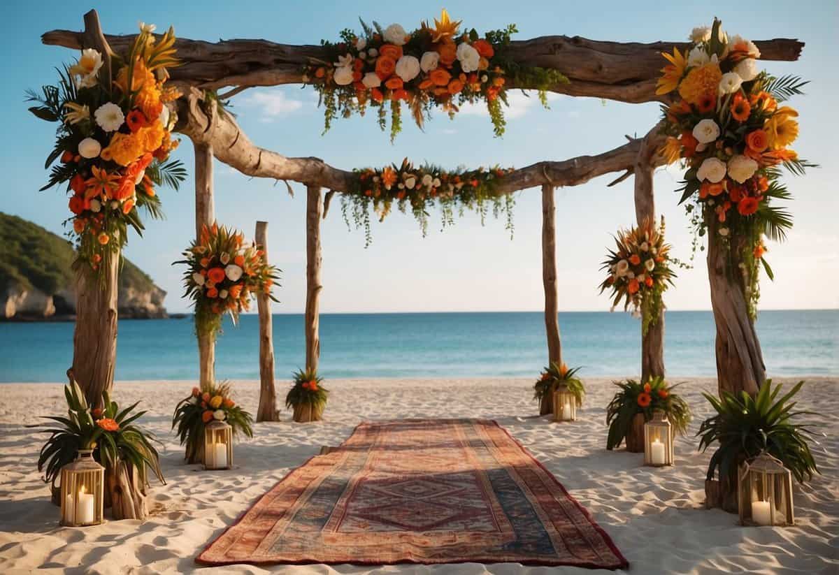 A beach wedding setup with colorful bohemian rugs, hanging lanterns, and a driftwood arch adorned with tropical flowers and seashells