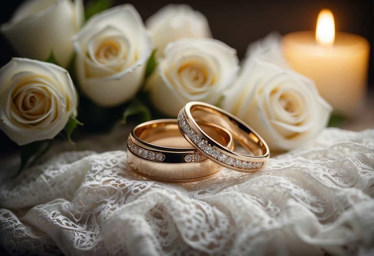 A pair of wedding rings resting on a bed of delicate white lace, surrounded by blooming roses and soft candlelight