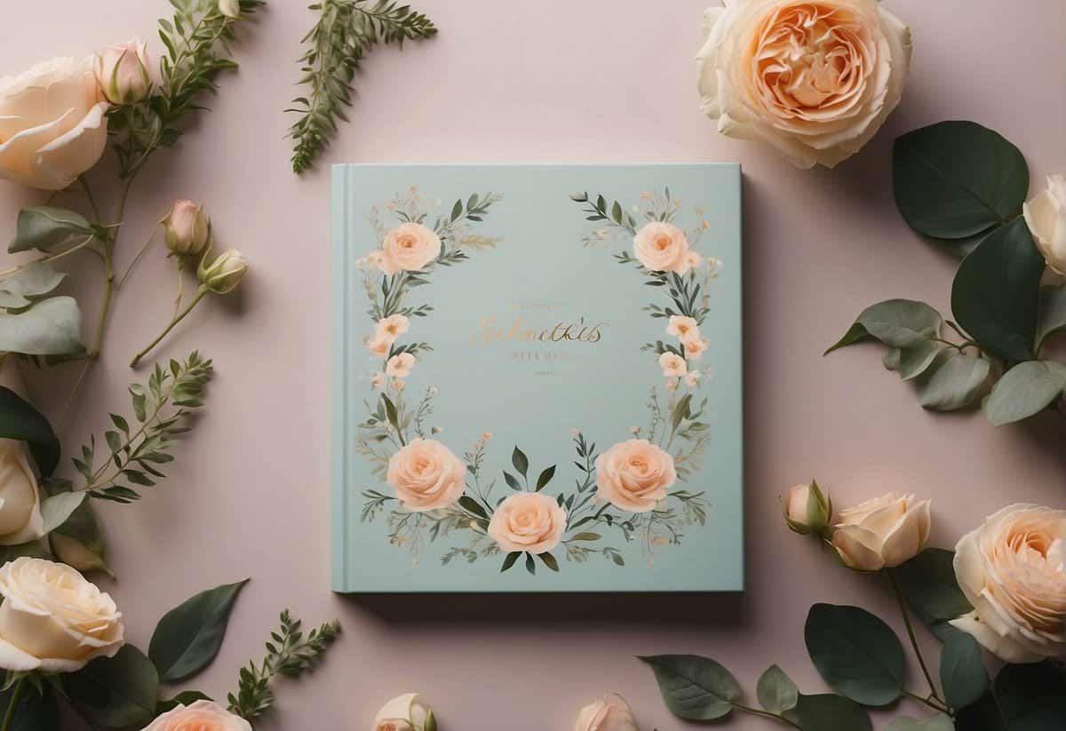 A wedding album cover featuring elegant text and romantic quotes surrounded by delicate floral designs and soft pastel colors
