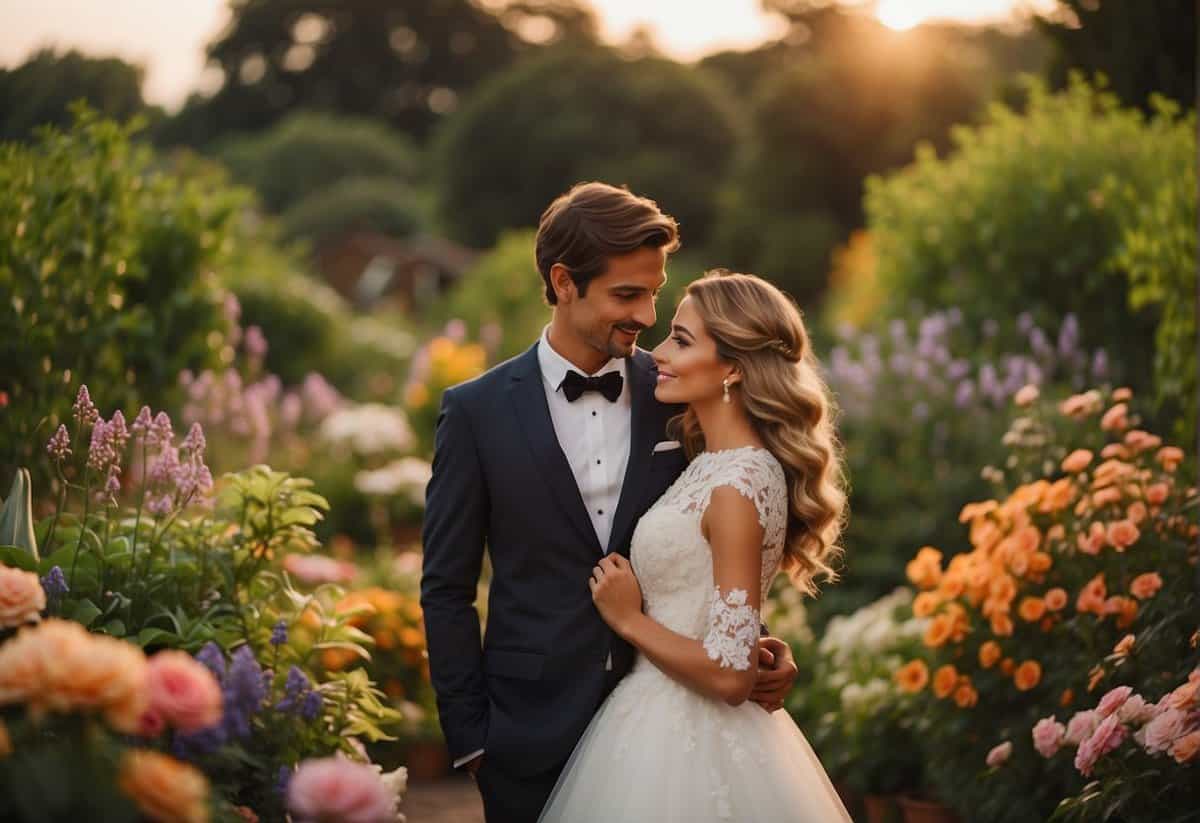 A bride and groom stand side by side, gazing into each other's eyes, surrounded by a lush garden with vibrant flowers and a romantic sunset in the background
