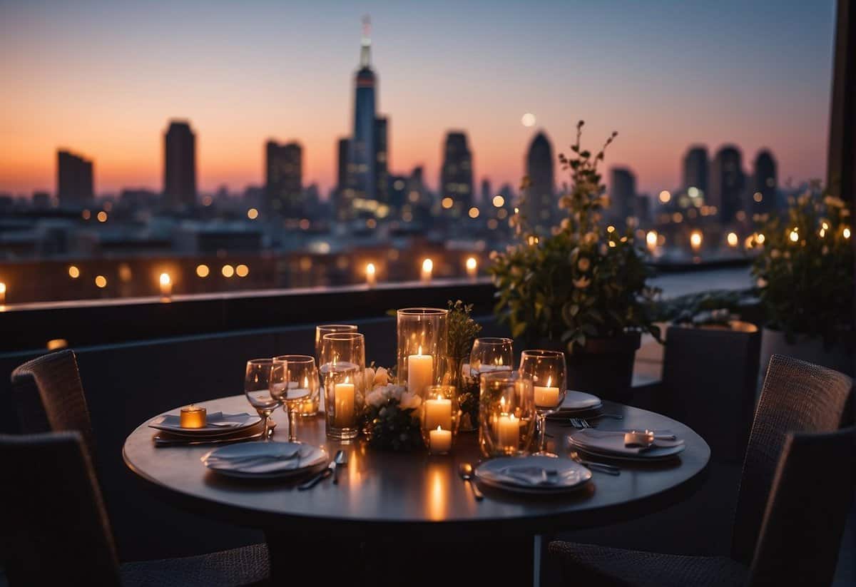 A candlelit dinner on a rooftop terrace overlooking the city skyline, with a live band playing romantic music in the background