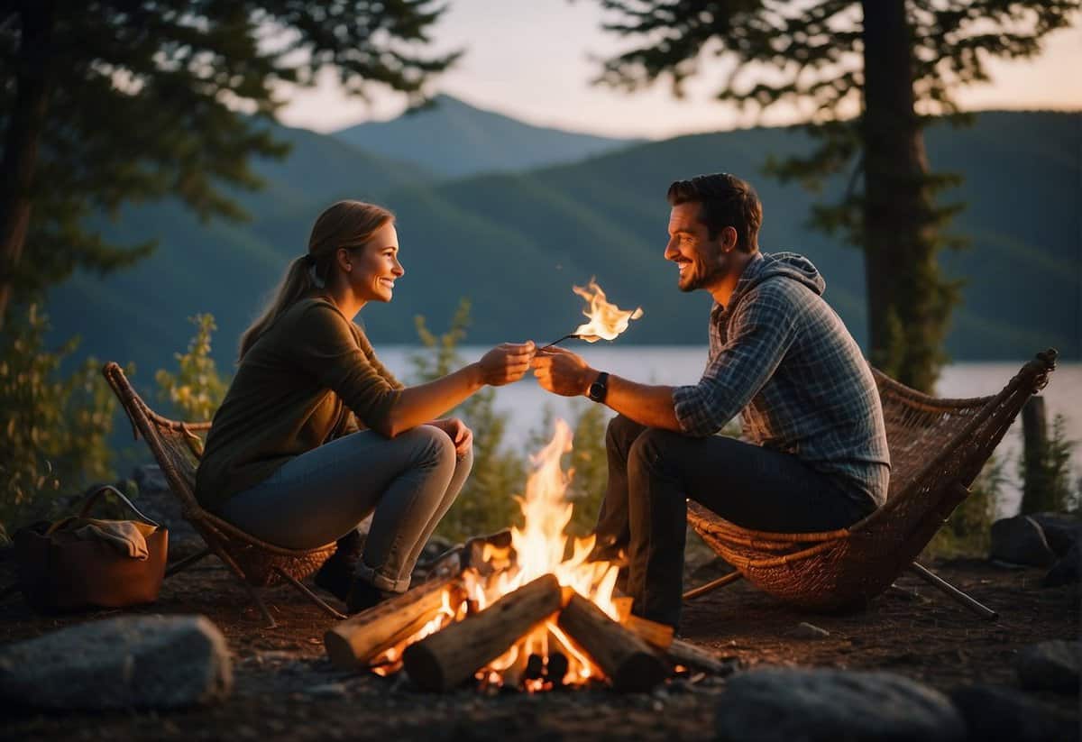 A couple sits by a campfire, surrounded by nature. They roast marshmallows and share stories, creating new memories on their wedding anniversary adventure