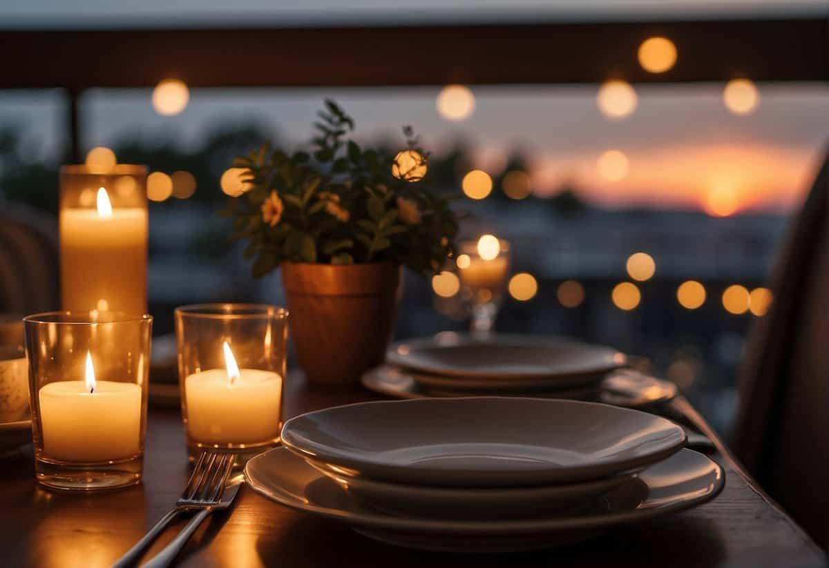A candlelit dinner for two, with a table set for a romantic evening. Soft music plays in the background as the sun sets, casting a warm glow over the scene