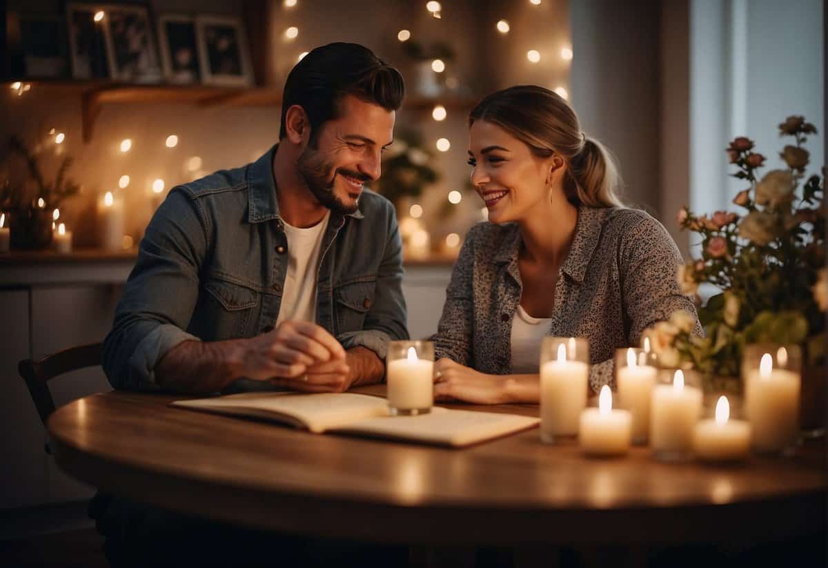 A couple sits at a cozy table, surrounded by candles and flowers. They share a scrapbook of memories, laughing and reminiscing